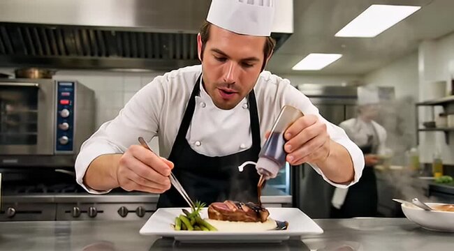 Professional chef expertly plating and garnishing a gourmet dish in a kitchen