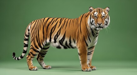Obraz premium Tiger standing on green background studio.