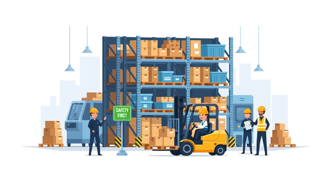 Warehouse Logistics and Supply Chain Management with Workers, Forklift, and Storage Racks ensuring Safety