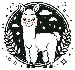 Fototapeta premium Whimsical llama illustration with starry night scene in a circular frame decorated with laurel wreath for children's design