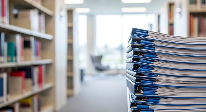 A stack of blue and white binders on a shelf in a modern library with bookshelves and a blurred background.