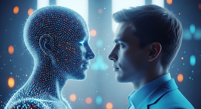 A man in a blue shirt faces a digital human made of dots and light in a futuristic setting.