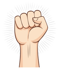 Raised fist illustration symbolizing power, protest, strength, and resistance with radiating light
