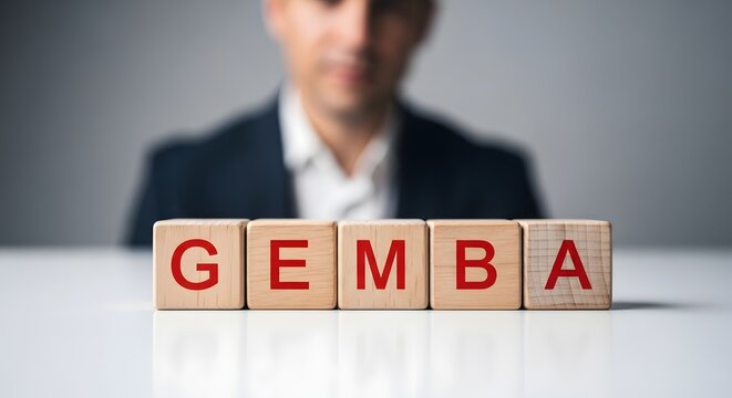Businessman with GEMBA Blocks: Business Management, Strategy and Education Concept