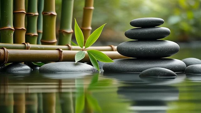 Zen Garden: Stacked Stones, Bamboo, and Water Reflection