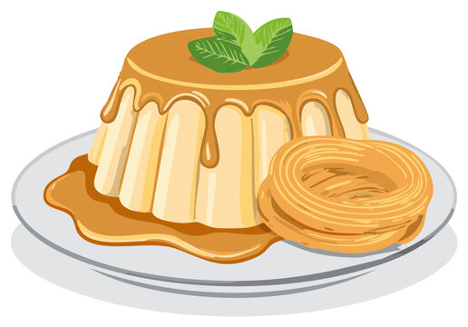 Creamy caramel custard dessert with churro and mint garnish on a plate