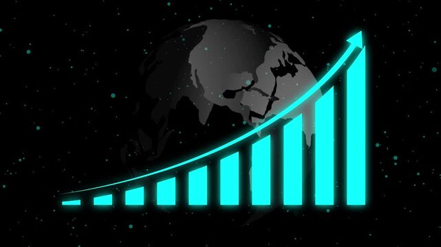 Glowing cyan bar chart with upward arrow overlay on digital globe background, global financial growth analytics visualization, business technology animation.