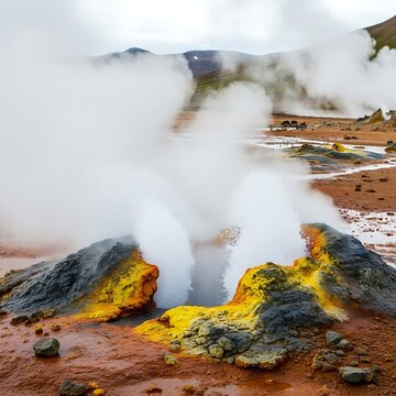 Volcanic Landscape with Fumaroles and Steam.