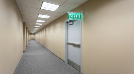 Naklejka premium Modern office building corridor with emergency exit door and sign