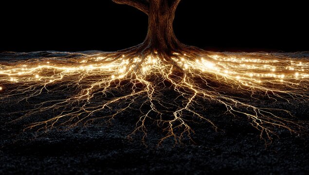 Glowing Tree Roots Symbolizing Energy and Connection in Darkness.