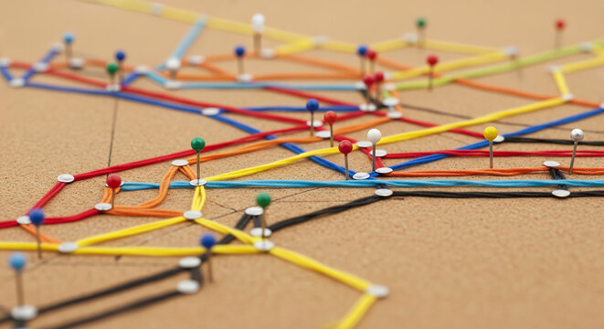 Close-up of Colorful String Network Connected by Pushpins on Corkboard