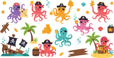 Cute pirate octopus cartoon set with treasure coins map ship island adventure sea animal vector illustration collection © MdNipon