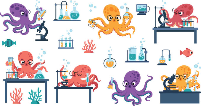 Cute octopus scientist cartoon set doing chemistry experiments with microscope flasks test tubes underwater laboratory marine animal vector illustration