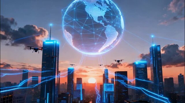Futuristic city with a massive holographic earth showing global AI data networks and digital connectivity.