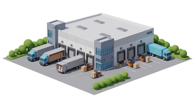Modern 3D Isometric Logistics Warehouse with Trucks and Forklifts. Distribution Center, Supply Chain & Global Delivery Operations on White.