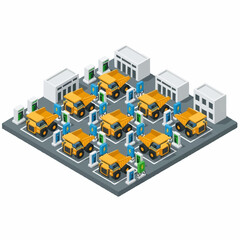 Fototapeta premium Isometric Autonomous Mining Trucks Charging Station Network.