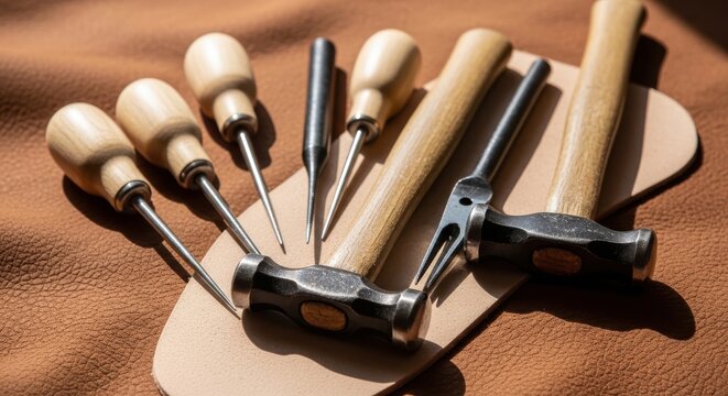 A collection of traditional shoemaking tools including awls and hammers laid out on leather.