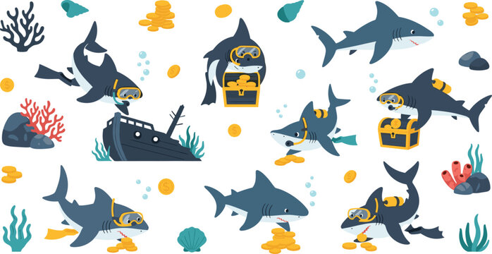 Cute scuba diving shark cartoon set exploring underwater treasure chest coins shipwreck coral ocean adventure marine animal vector illustration
