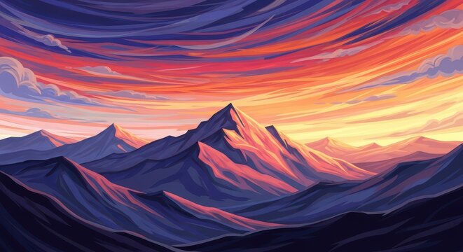 Vibrant Sunset Over Majestic Mountain Peaks, Dramatic Sky, Digital Art