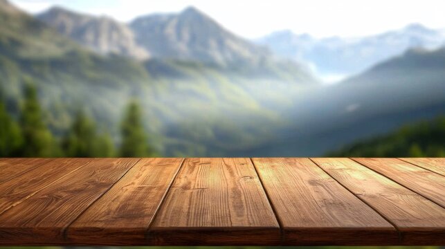A rustic table in a serene mountain landscape awaiting display items.