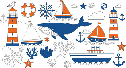 Marine and Ocean Icon Set Featuring Lighthouses, Sailboats, Whales, Anchors, and Nautical Symbols for Sea and Beach Designs