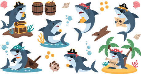 Obraz premium Cute pirate shark cartoon set with treasure chest gold coins map barrels island adventure sea animal vector illustration