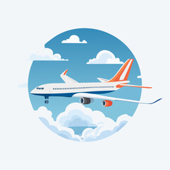 Naklejka premium Modern passenger jet aircraft soaring through a bright blue sky, surrounded by soft white cumulus clouds, symbolizing air travel and international journeys