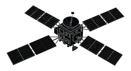 A detailed illustration depicts a spacecraft with expansive solar panels extended rendered as a striking silhouette high quality © jivect02