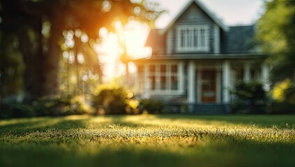 Fototapeta premium Beautiful Suburban House Bathed in Golden Hour Sunlight.