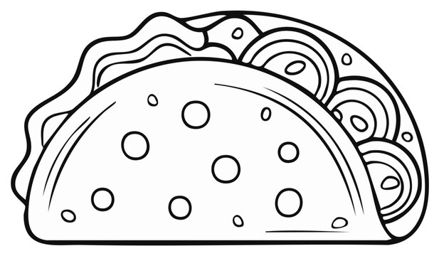 Taco line art illustration for coloring books or posters. Mexican food in a shell. Isolated editable vector image.