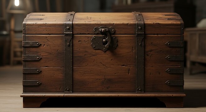 Vintage Wooden Chest with Metal Hinges and Lock.
