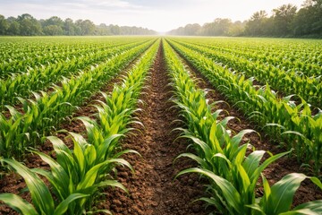 Fototapeta premium Vast cornfield with rows of young green plants stretching to horizon under sky