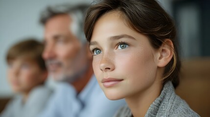 Obraz premium A young girl with striking blue eyes looks thoughtfully into the distance with a blurred family in the background