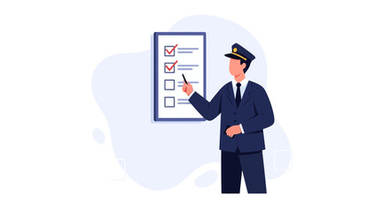 Man in uniform pointing at checklist with checkmarks on a board