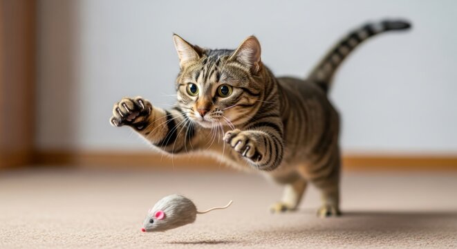 Playful Tabby Cat Pouncing on Toy Mouse.