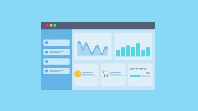 Animated data analytics dashboard interface with charts, graphs, and finance indicator icon. Flat vector motion design representing financial monitoring, digital reporting, and business analytics pane