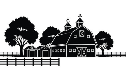 A silhouette illustration of a countryside farm with a large barn building and surrounding trees © rsvect02
