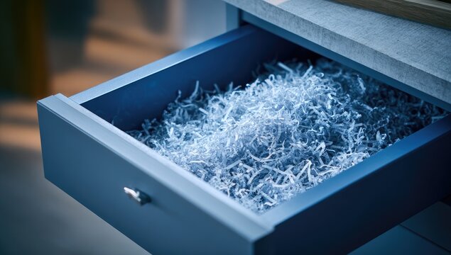 Close-up of an open drawer filled with shredded paper documents.