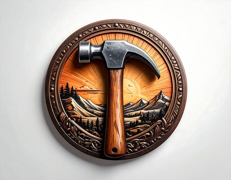 Carved wooden roundel showing mountains, sunset, with a metal hammer lying on top
