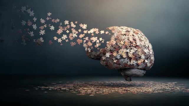 Puzzle Brain Concept. 3D illustration of a human brain made from interlocking puzzle pieces with fragments breaking away.
