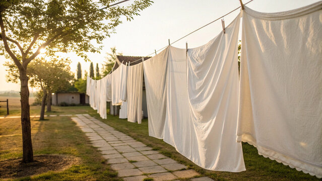 Rural Italian landscape features crisp white sheets and other laundry items gently drying on a clothesline