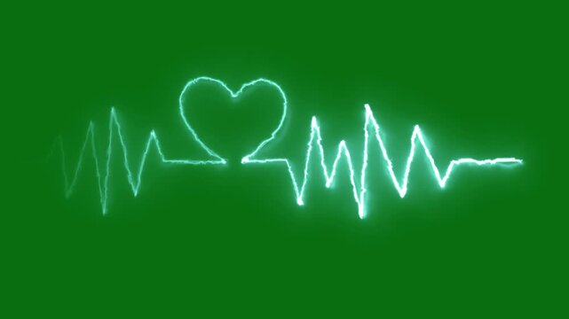 Love line icon abstract glowing neon heart animation. broken heart with heartbeat line in neon light design. Bright glowing neon valentines love heart symbol on green screen background.