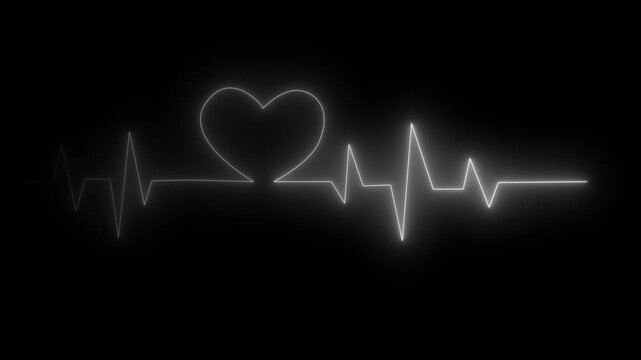 Neon heartbeat line love animation glowing broken heart with Heartbeat love line icon relationship, neon animation of heartbeat. on black screen background. 4k