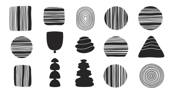 Abstract stacked stone shapes and linear patterns a black and white silhouette
