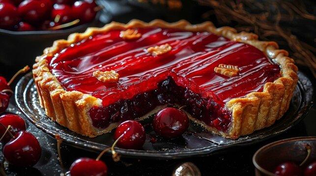 Indulge in a sweet cherry pie sliced to reveal its fruity goodness.