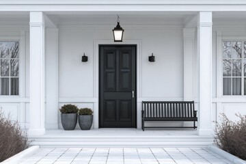 Naklejka premium Symmetrical front porch entrance features a dark paneled door flanked by architectural columns