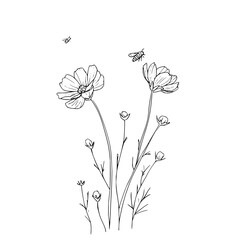 Naklejka premium Black and White Flowers with Bees Flying Around