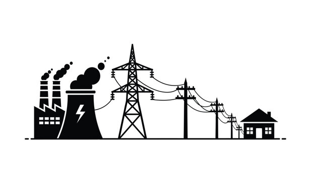 Black silhouette illustration showing the process of electrical power distribution to a house