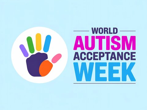 World autism acceptance week logo with colorful hand and text on light blue background