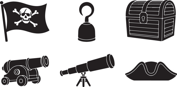 Pirate ship flag with skull and crossbones, hook, treasure chest, cannon, spyglass, and tri corner hat icons